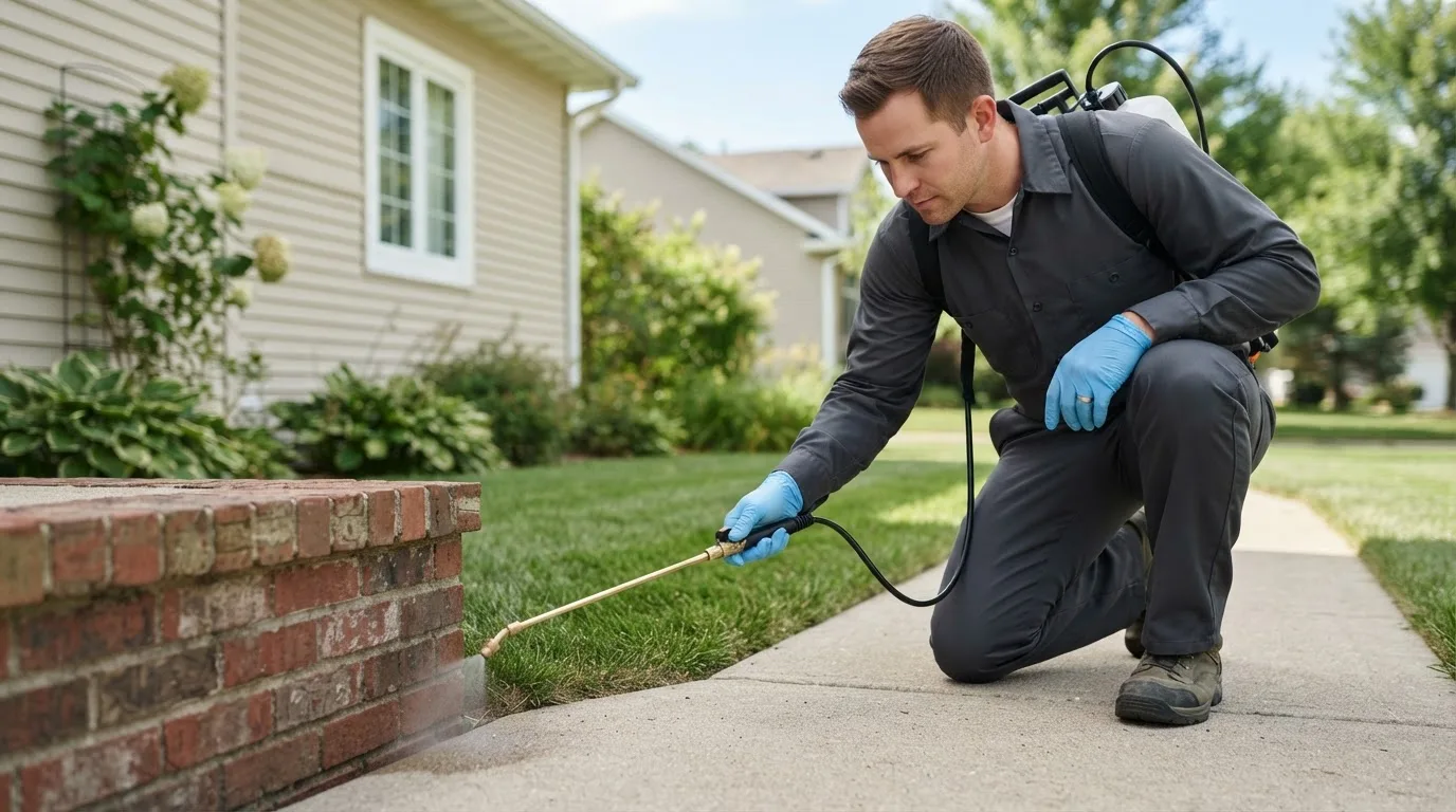 Pest control technician treating a home near Blanchard, IA