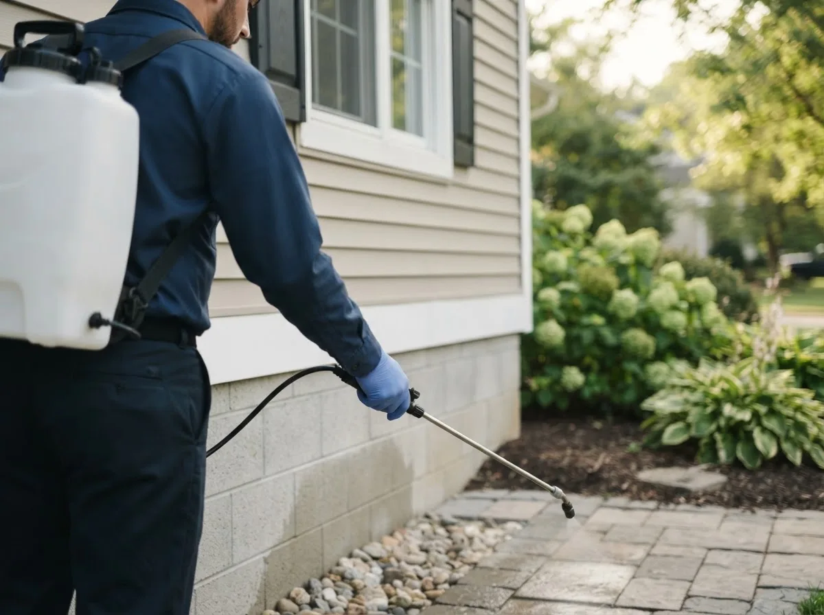 Pest control technician inspecting a home in Blanchard, IA